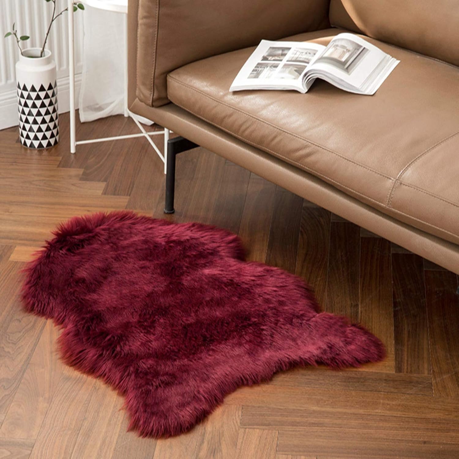MIULEE Faux Fur Area Rugs Sheepskin Fluffy Mat Fleece Chair Cover Seat Pad Soft Shaggy Area Mat for Bedroom Sofa Floor 60 x 90 cm Irregular Shape Burgundy Red