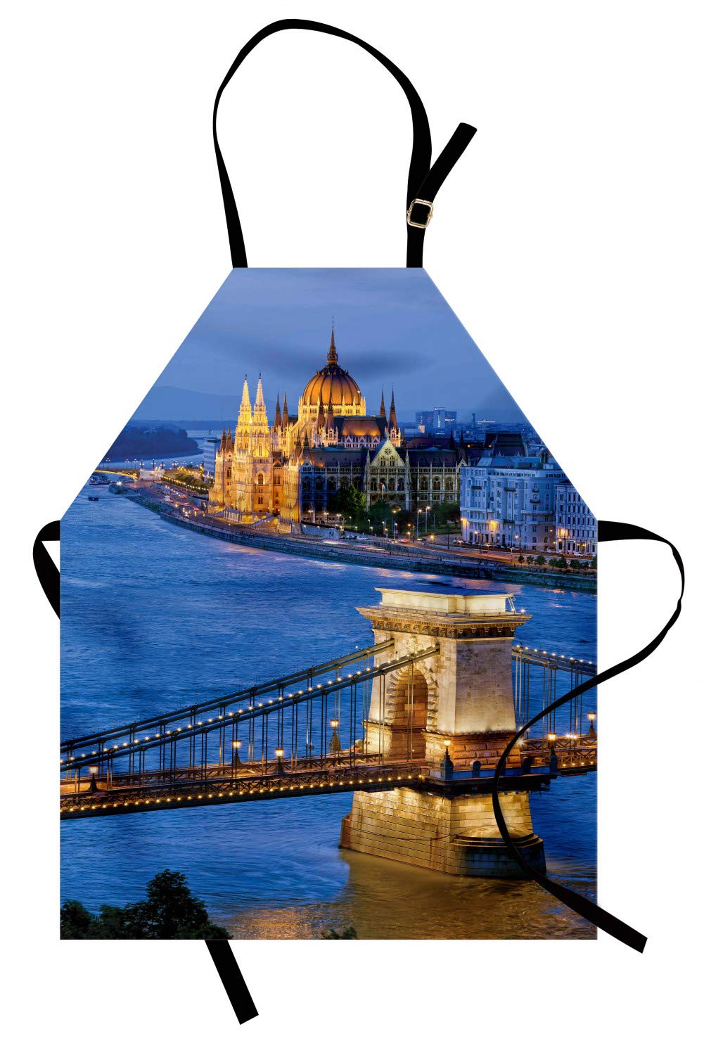 ABAKUHAUS European Apron, River of Budapest at the Evening Tranquil Bridge Hungarian Culture Heritage, Unisex Kitchen Apron with Adjustable Neck for Cooking Baking Gardening, Blue Brown Yellow