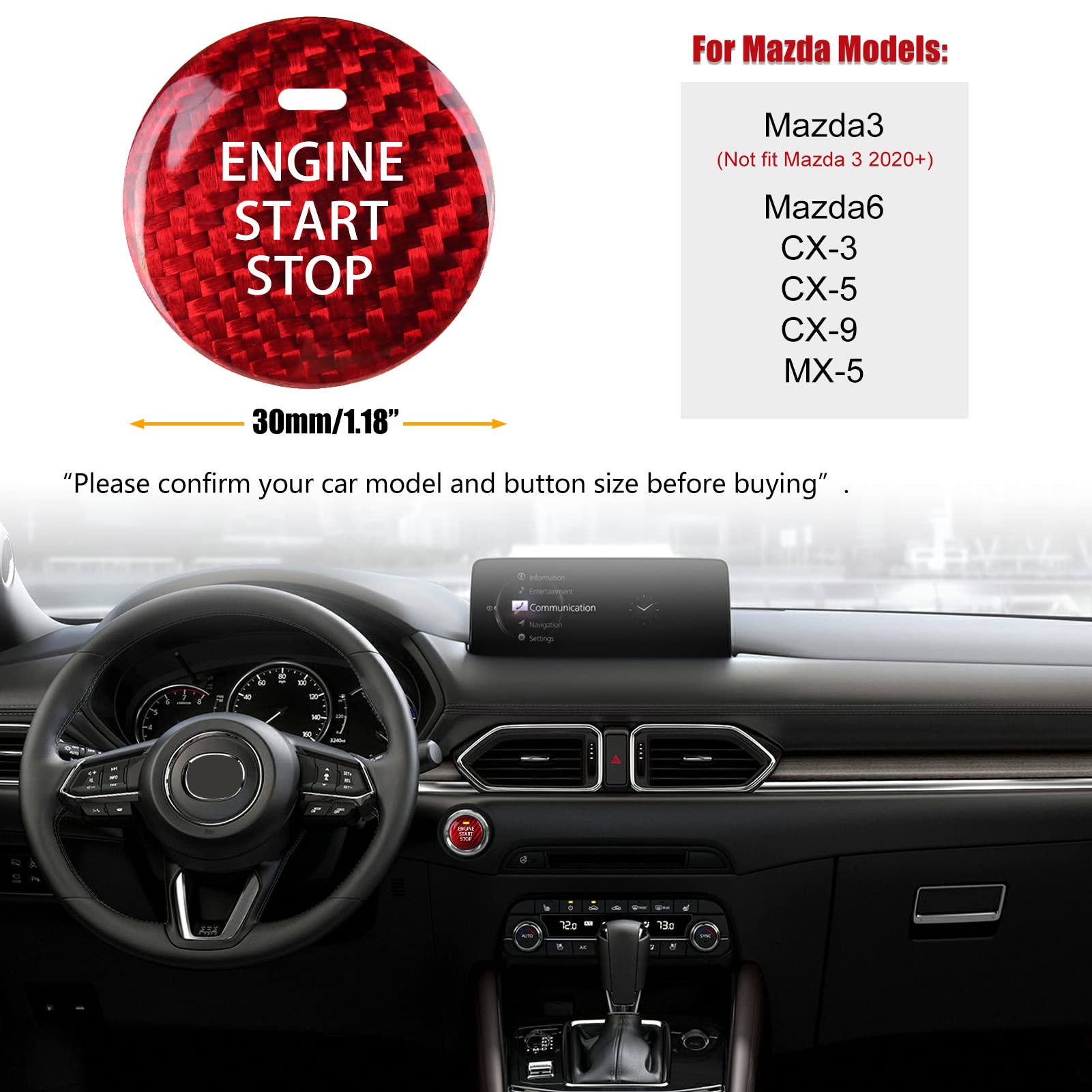Compatible with Mazda 3 6 CX-3 CX-5 CX-9 MX-5 Miata Accessories Real Carbon Fiber Sporty Car Keyless Engine Start Stop Push Button Cover Trim Sticker -Red