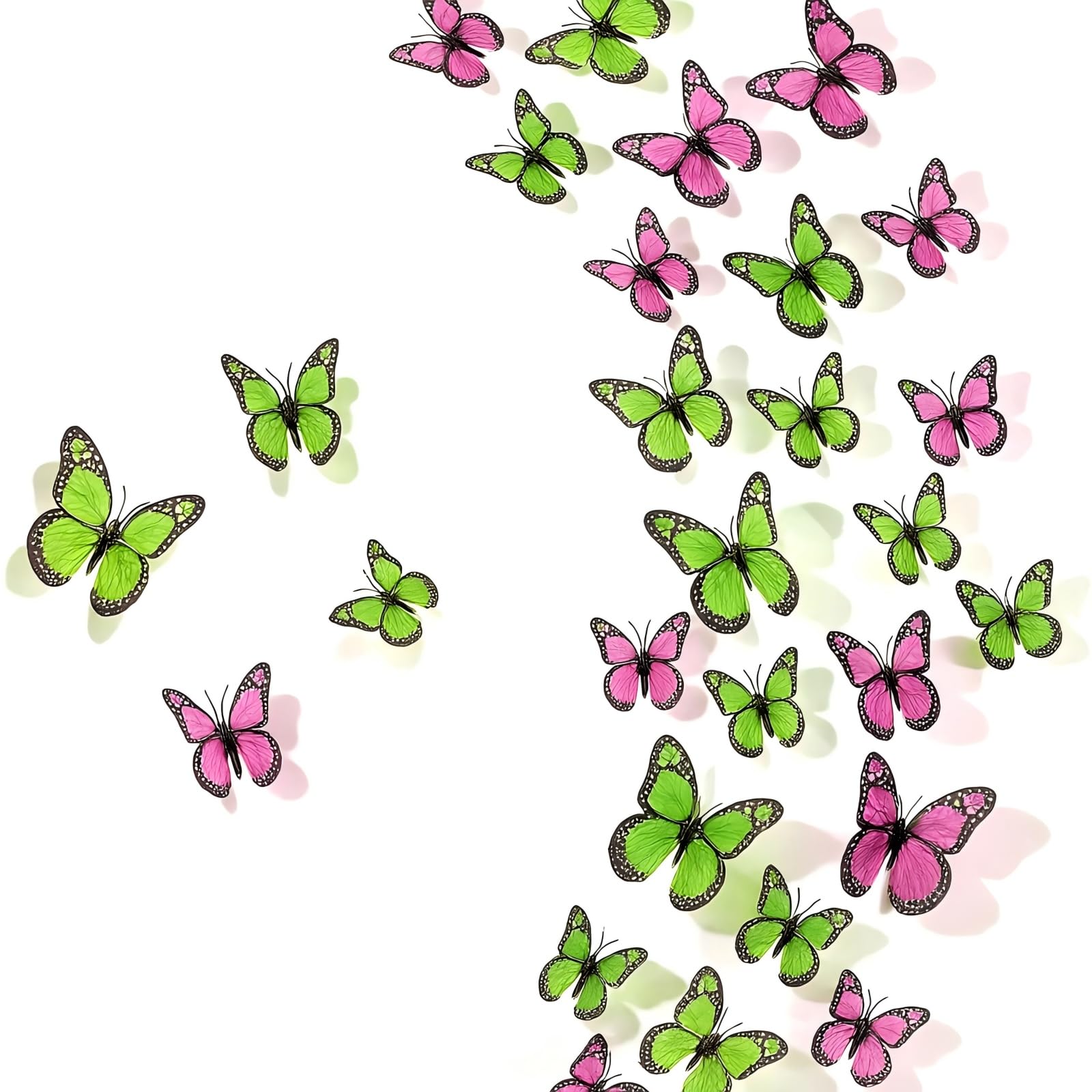 Chuangdi 48 Pcs Pink Monarch Butterfly Decorations 3 Size Fake Butterflies Realistic Butterfly Craft Artificial Mariposas Wall Decor for Craft Wedding Home Birthday Party (Green,3.2inch,4inch,4.7inch)
