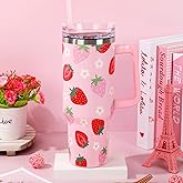 FYSUIMU Strawberry Tumbler with Straw and Lid 40oz Pink Red Strawberry Flower Stainless Steel Cup with Handle Cute Travel Coffee Tumbler Cup for Home Office