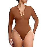 FeelinGirl Long Sleeve Bodysuit for Women Mock Turtle Neck Body Suits Zip Up Design Black Tummy Control Bodysuit Shirts