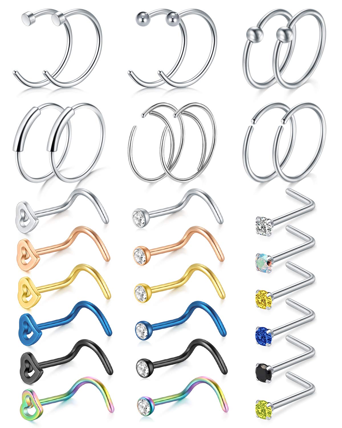 LAURITAMI Nose Studs Rings Nose Piercings Set Nose Screw Pin Thin Hoops with Bone L Shaped Opal Crystal Piercing Jewellery Surgical Steel 20G 8mm