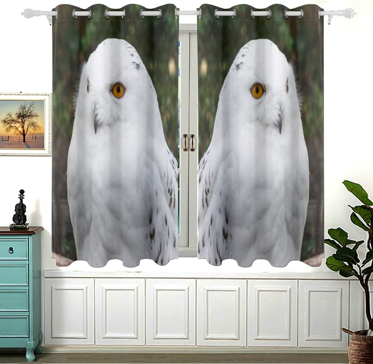 Búho blanco raro para la habitación del dormitorio, cortinas
