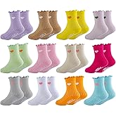MKYSZLT 12 Pairs Toddler Ruffle Socks Baby Girls Non Slip Grip Socks Cute Funny Frilly Cotton Crew Grippy Dress Sock for Kids