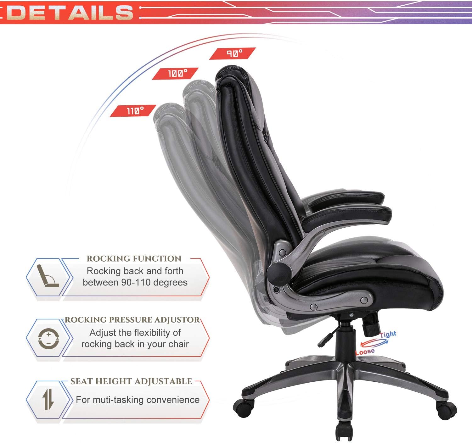 Office Chair High Back Leather Executive Computer Desk Chair - Flip-up Arms and Adjustable Tilt Angle Swivel Chair Thick Padding for Comfort and Ergonomic Design for Lumbar Support: Office Products