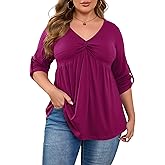AMCLOS Womens Plus Size Tops Deep V Neck Twist Knot Front Shirts Casual Flowy Slim Fit Dressy Blouses Roll up Sleeve Tunic