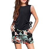 Arshiner Girls Summer Clothing Sets 2 Piece Outfits Knit Ruched Knot Side Tank Top and High Waist Shorts with Pockets