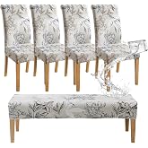 FORCHEER 4 Chair and Bench Covers for Dining Chairs Waterproof Floral Dining Room 4 Piece Kitchen Chair Slipcovers with Bench Seat Cover Set Washable (Waterproof Elegent-Flowers)