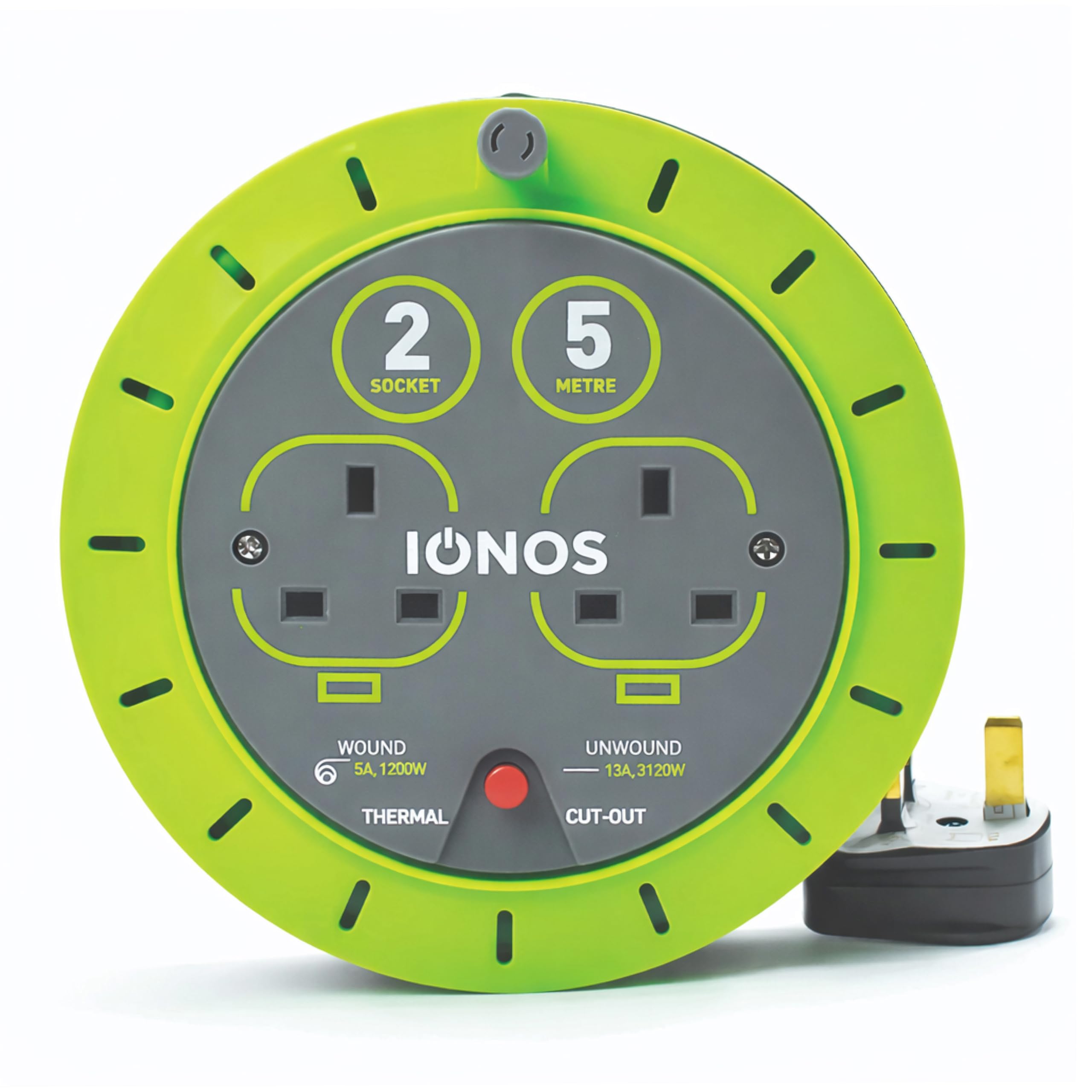 IONOS 2 Socket Cable Reel, 10m, Green Extension Lead, 13A with Thermal Cut Out, Heavy Duty Outdoor Extension Lead (ION13A10MCR6)