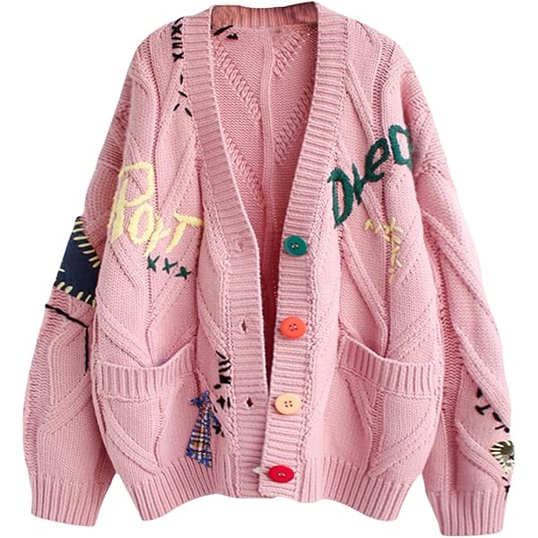 ISOLAY Women's Embroidered Letter Cardigan Sweater Button-Down