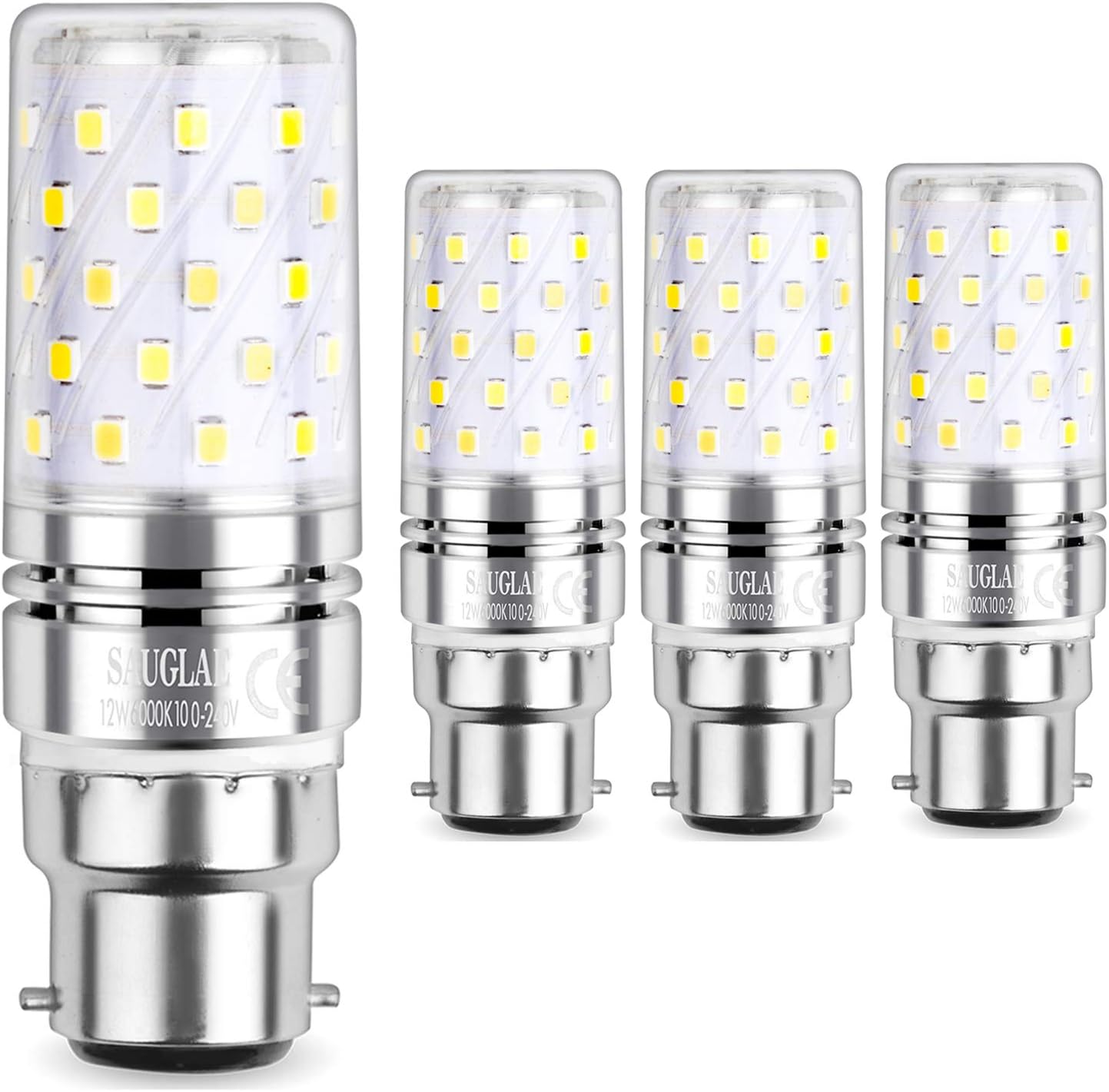 SAUGLAE LED Corn Bulbs, B22 Bayonet Cap, 12W, 1450Lm, 6000K Daylight White, Not Dimmable, Pack of 4, Daylight White B22