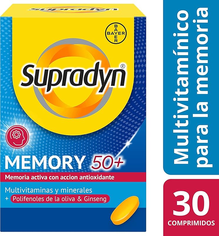 Multivitamínicos Memory 50+ para memória e concentração, Vitaminas, Vitamina C, Minerais, Ginseng, Zinco, Sem Glúten, Sem Lactose, Laranja, Amarelo, 30 comprimidos