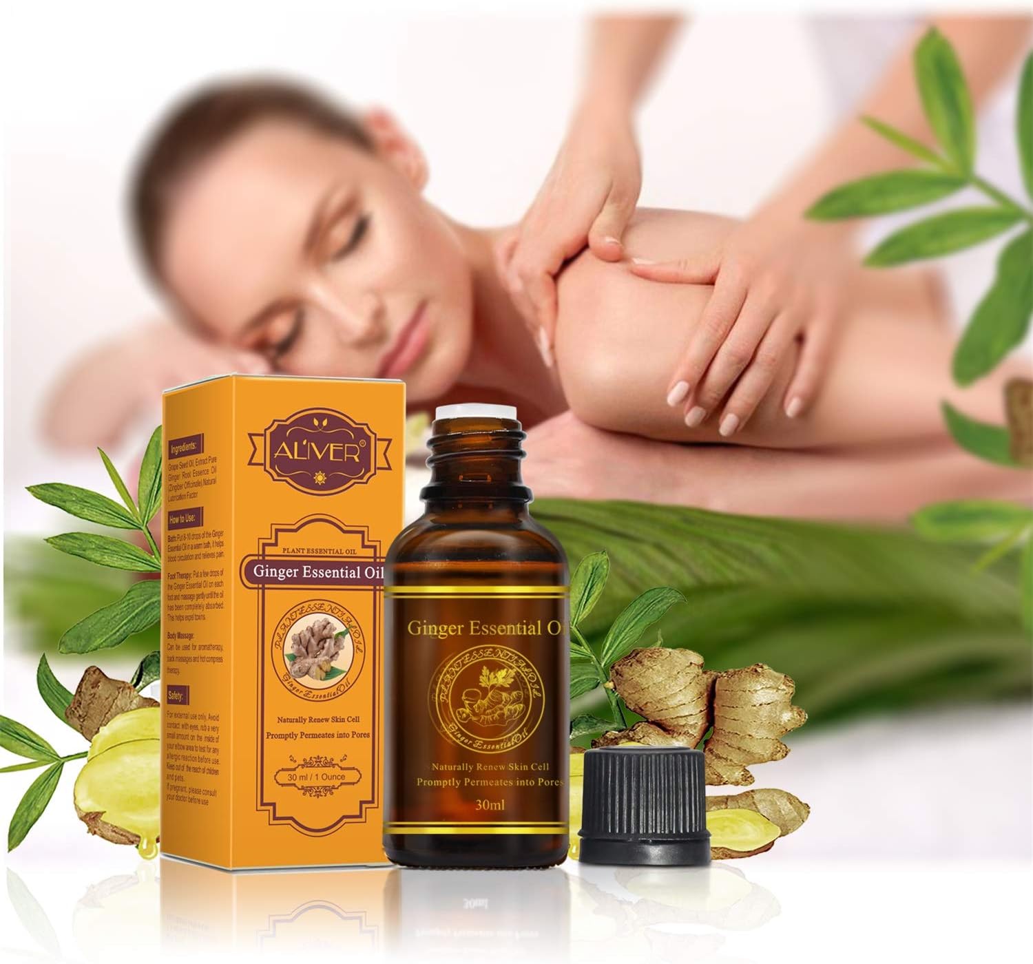 Ginger Essential Oil, Hjfcy Lymphatic Drainage Ginger Oil Aches & Pain
