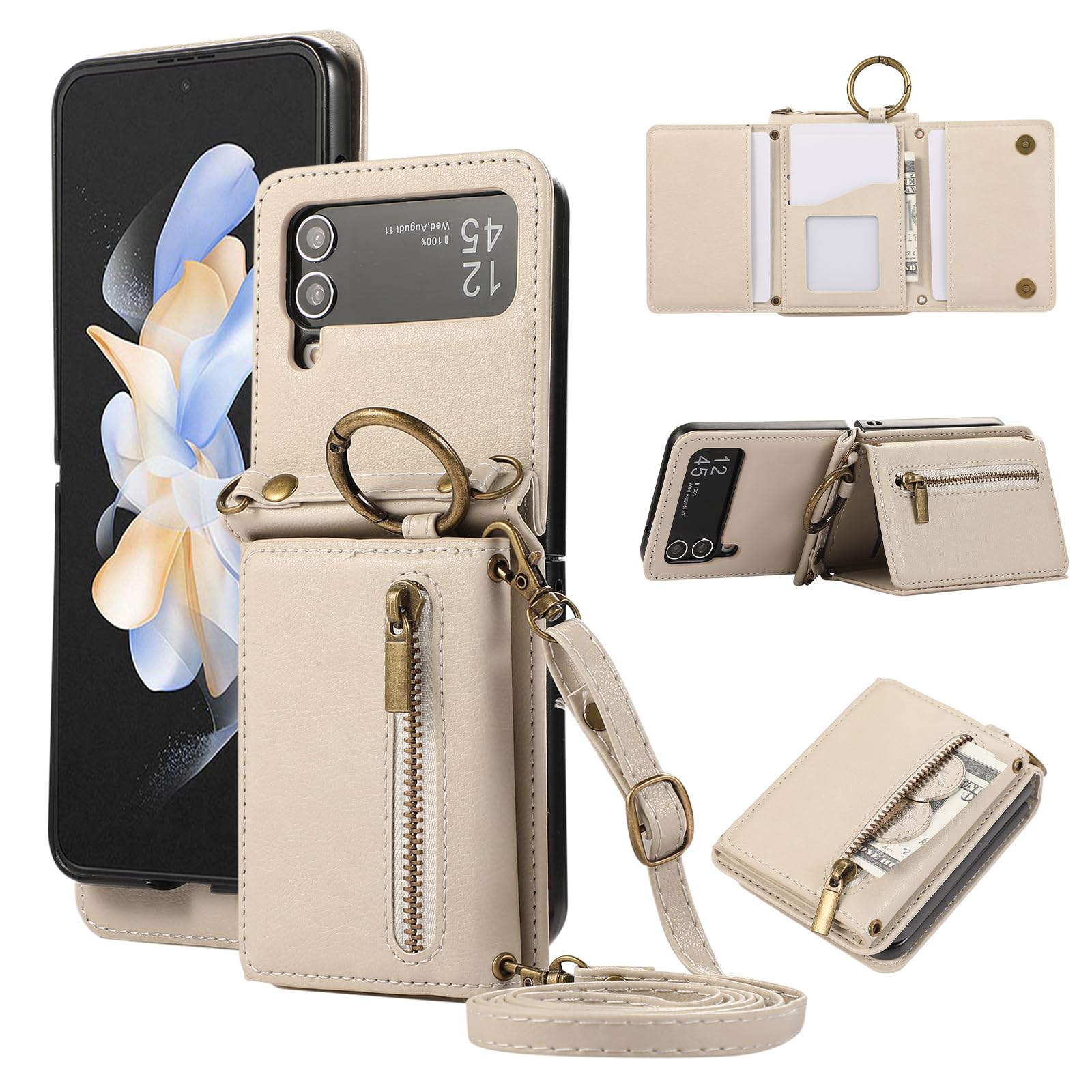 Compatible with Samsung Galaxy Z Flip 4 5G 2022 Wallet Case and Crossbody Shoulder Strap Ring Buckle Hinge Protection Stand Card Holder Phone Cover for ZFlip4 Z4 Flip4 4Z Women Girls Men Beige