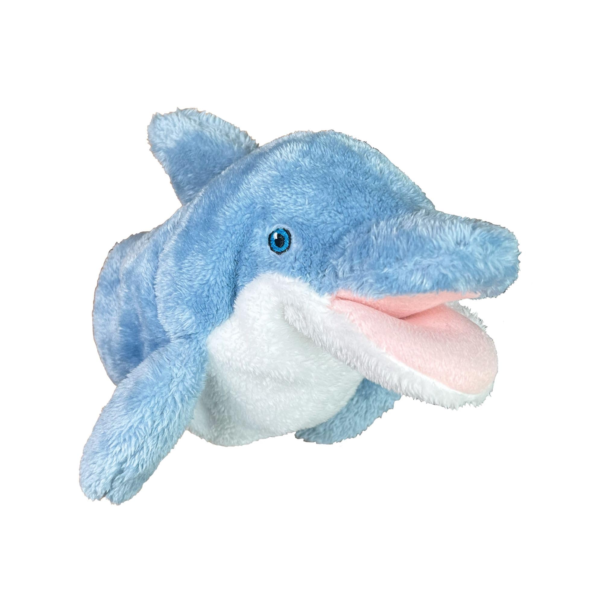 EcoBuddiez Hand Puppet - Dolphin from Deluxebase. Plush Puppets made from Recycled Plastic Bottles. Eco-Friendly Animal Toy for Pretend Play, Kids Gifts and Party Favours.
