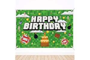 SAVITA Pixel Happy Birthday Backdrop Banner, 5x3ft Video Game Themed Birthday Decorations Gaming Pixel World Party Wall Decor