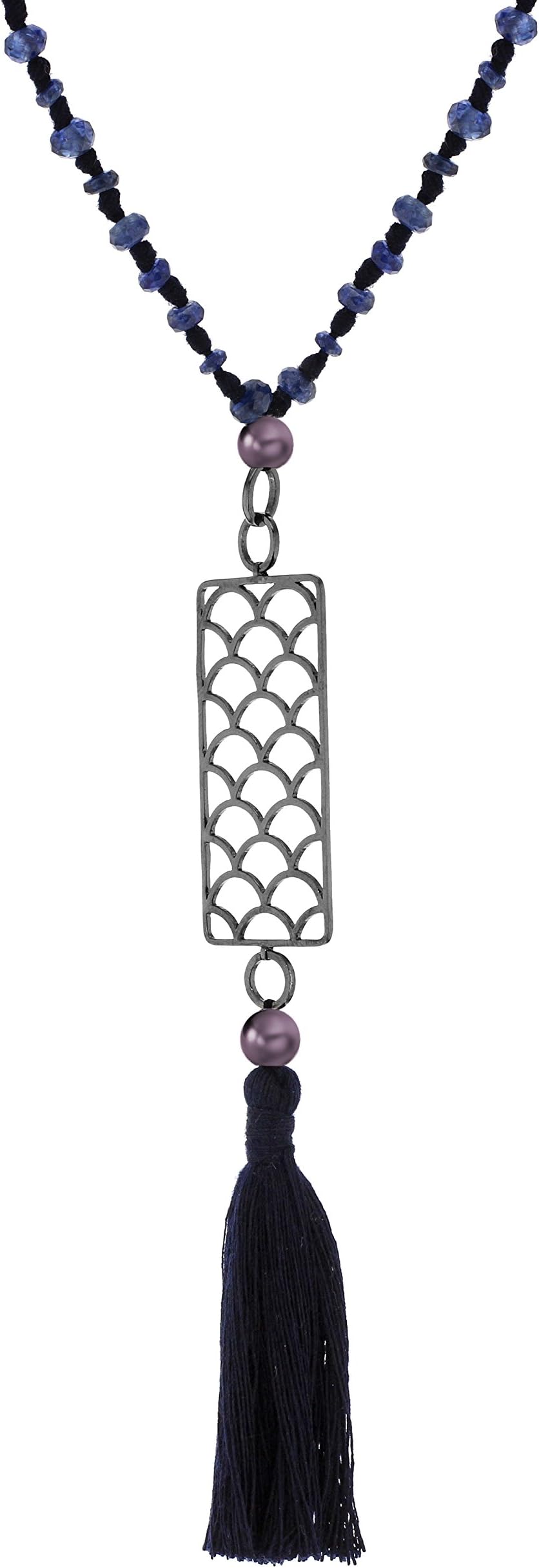Jade Jagger Opium Wave Kynite, Black Pearls on Blue Thread with Blue Cotton Tassel Large Pendant with Chain of 76cm