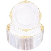 Morejoy 100 Pieces Gold Plastic Plates - Clear Gold Disposable Plates - 10.25inch Clear Plastic Dinner Plates With Gold Rim for Weddings & Parties & Shower