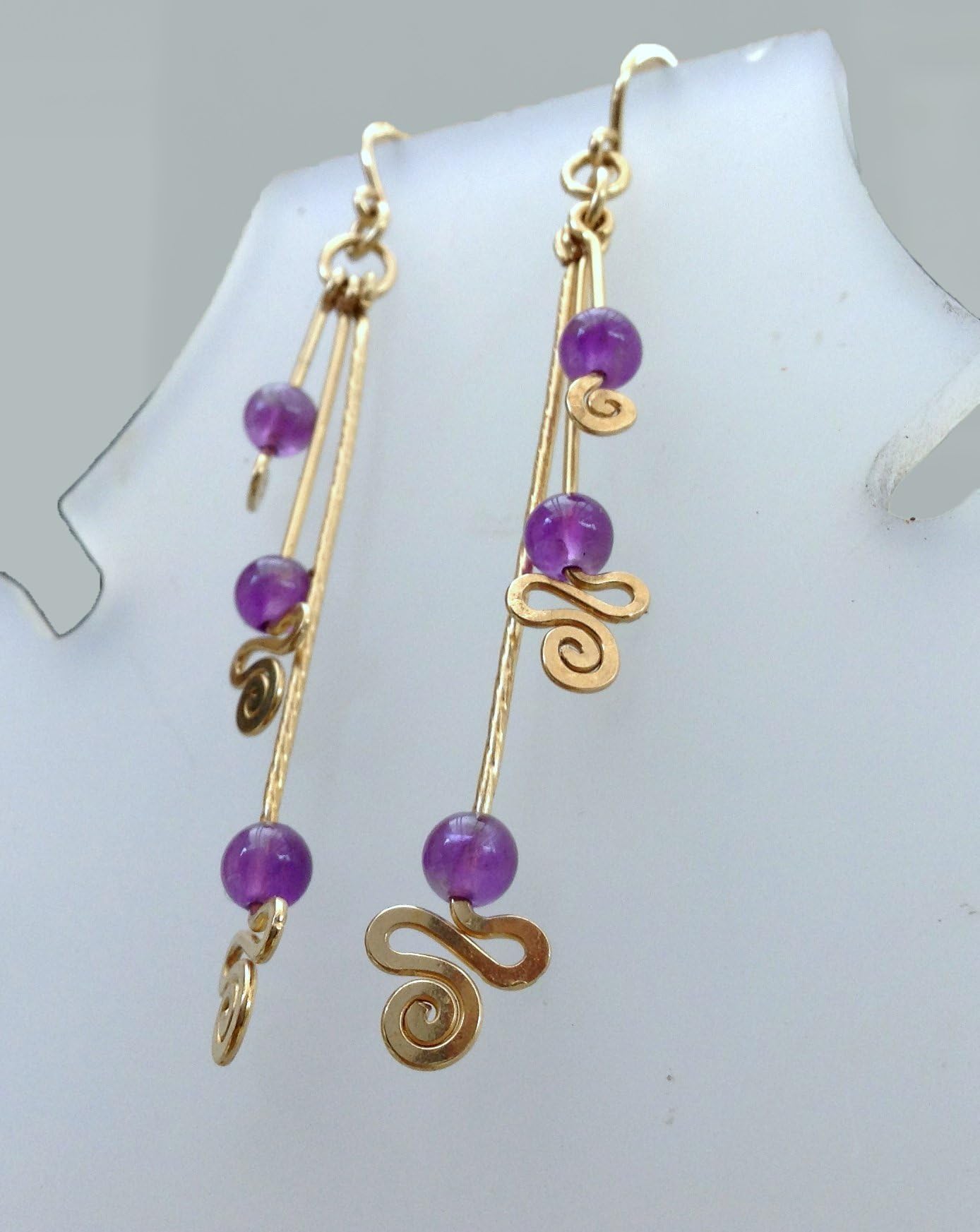 Gold Drop Dangle earrings with Amethyst gemstone beads and. 14k Gold Filled young playful long earrings. (your choise of stone)