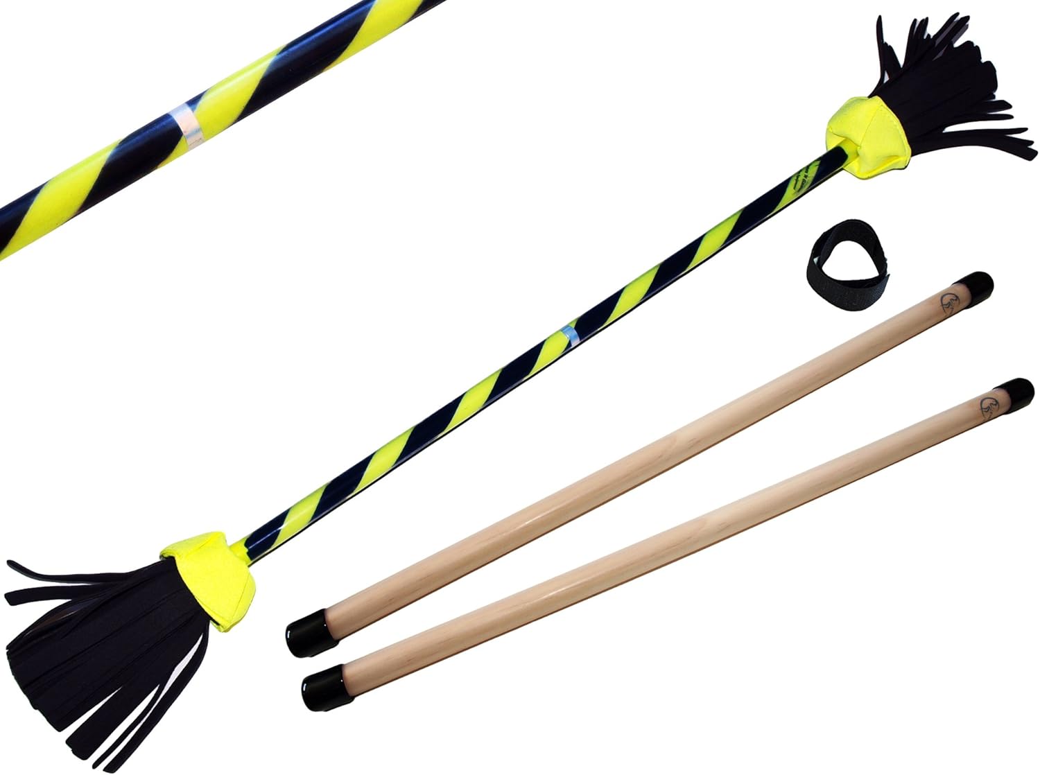 FLASH Pro Flowerstick Set (UV Gelb) Silikon beschichtet Flower & Handstäbe! Suprime Qualität, Fiberglasstock, Silicone Grip, Wildlederfransen, Befestigungsgurt. Flames N Games Devilsticks für Anfänger und Profis.