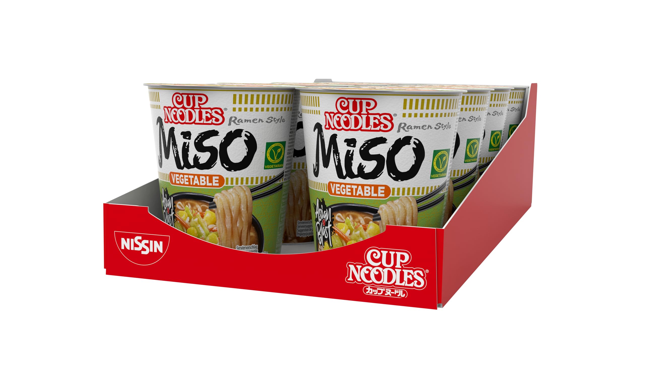 Nissin Cup Noodles – Veggie Miso, 8er Pack, Soup Style Instant-Nudeln japanischer Art, mit Miso-Paste und Gemüse, schnell im Becher zubereitet, vegetarisch, asiatisches Essen (8 x 67 g)