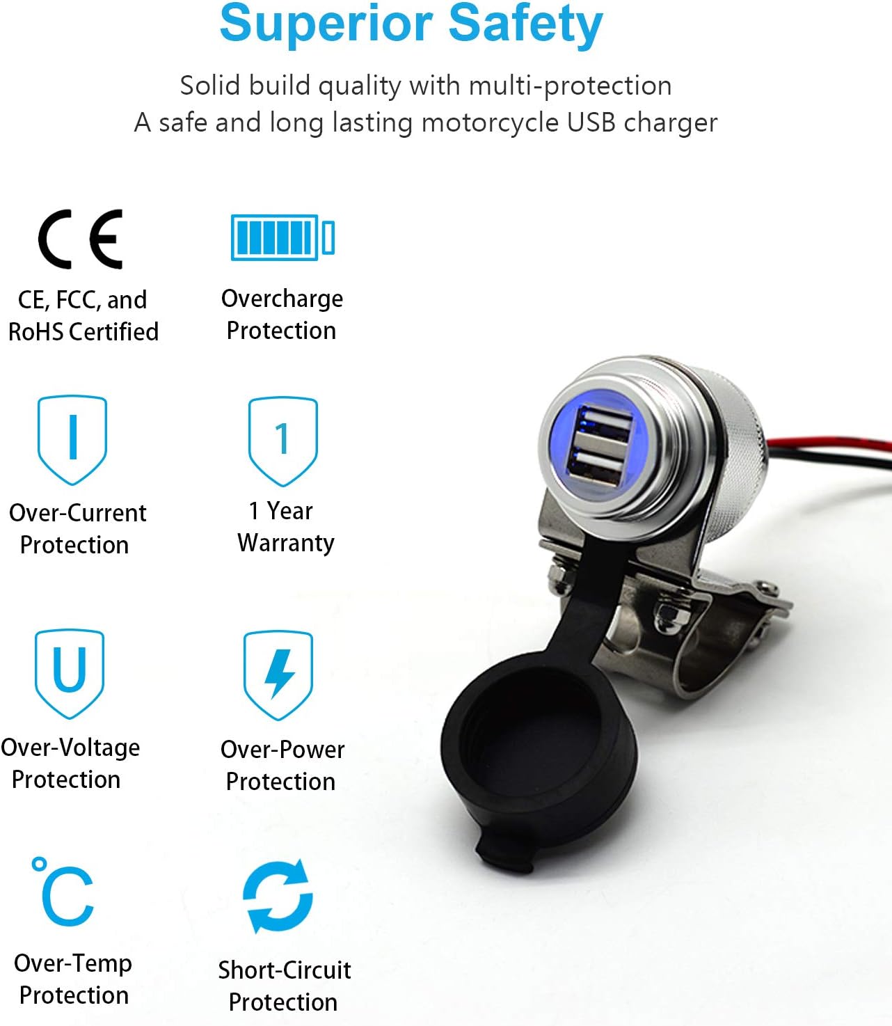 Cliff Top 4.6 Amp 23W Aluminium Motorcycle USB Charger with Dual-Port Fast Charing, Heavy Duty, Waterproof for 7/8’’ - Image 3