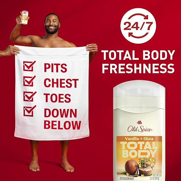 OLD SPICE WHOLE BODY DEODORANT STICK FOR MEN, ALUMINUM FREE, VANILLA + SHEA SCENT, 24/7 ODOR PROTECTION, 24/7 LASTING FRESHNESS, DERMATOLOGIST TESTED, GENTLE ON SKIN, SAFE TO USE ALL OVER, 3.0 OZ