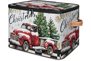 Mintoprints Merry Christmas Buffalo Plaid Red Truck Storage Bins with Zipper Lid Fabric Home Cubes Storage Baskets Boxes Clot