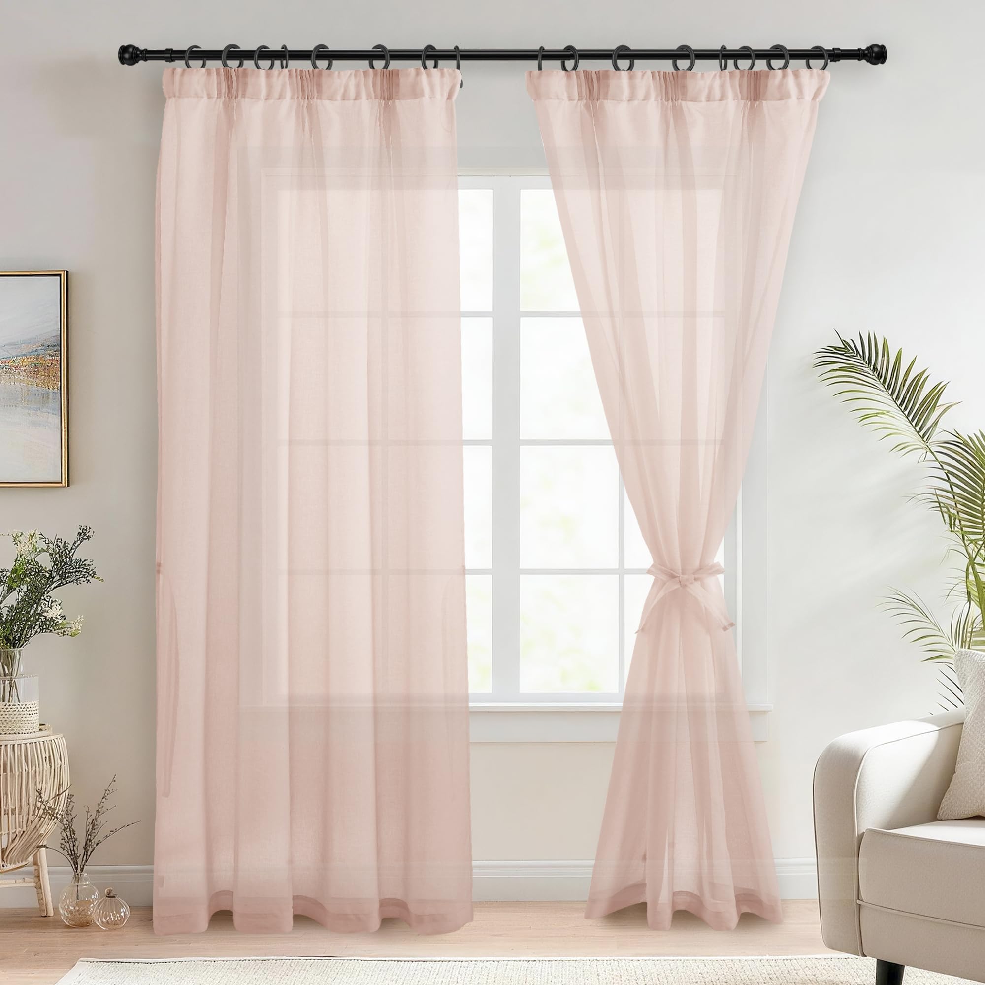 DWCN Voile Pencil Pleat Curtains with Tiebacks for Baby Room Net Curtain for Windows Linen Look 2 Panels, Pink, W46 x L90 Inch