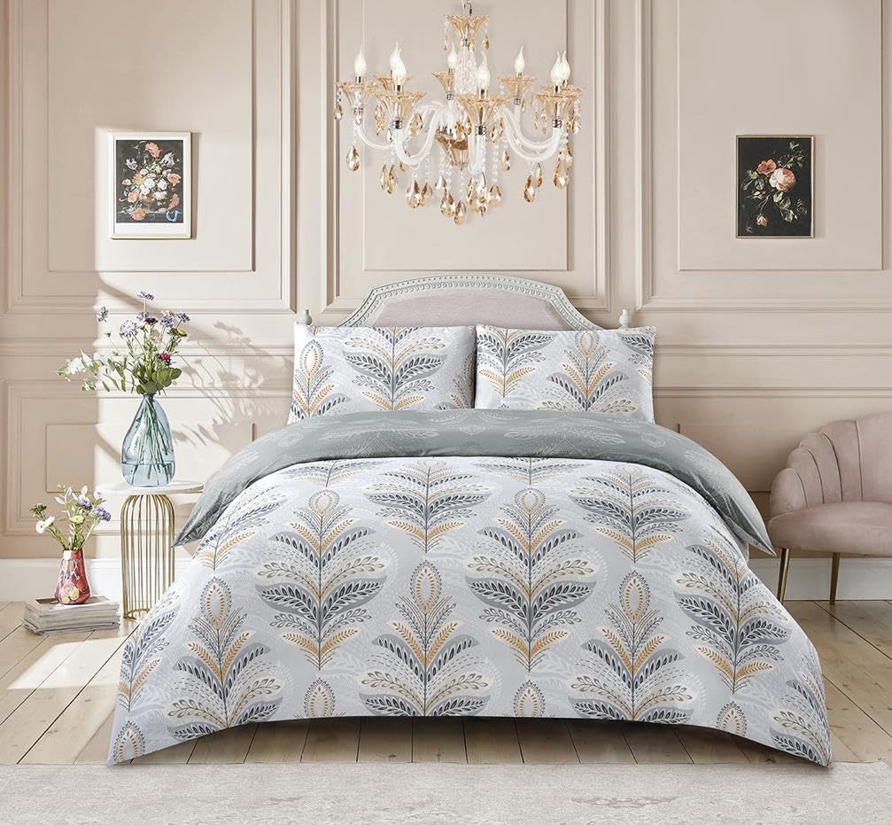 4-Piece Jasmine Silver Duvet Cover Set Double 200 x 200 cm - Hotel Quality Soft Microfiber Quilt Cover with Fitted Sheet for Bedroom - Printed Bedding Set with 2 Pillow Shams