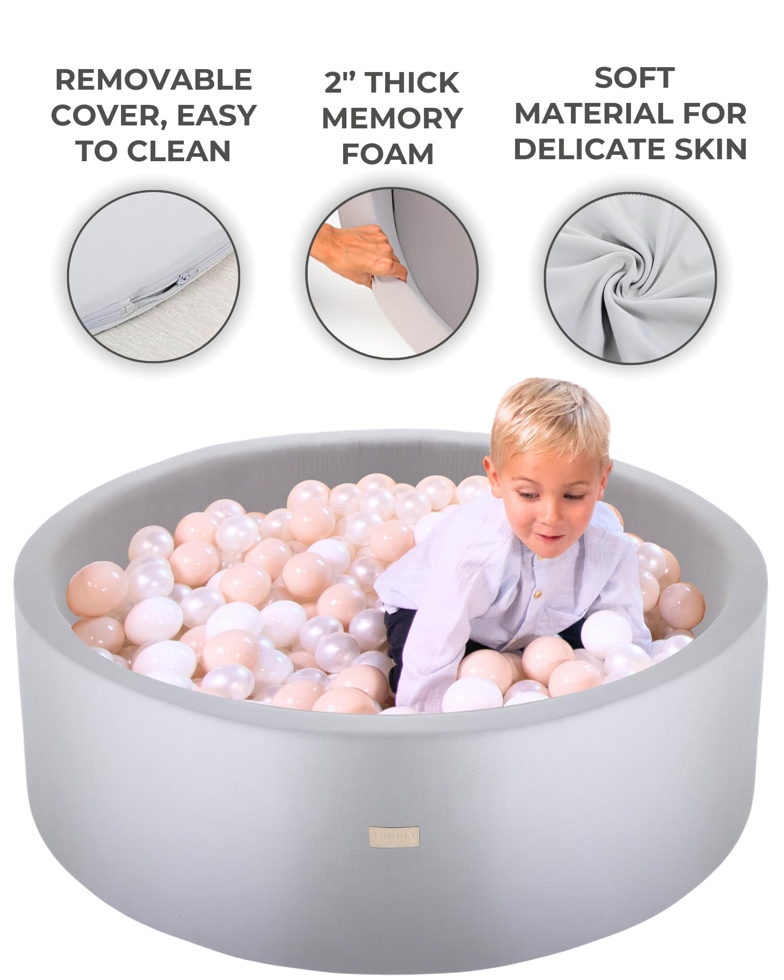 Soft Ball Pit for Toddlers and Babies 35.5 in - Durable Foam Ball Pit for Babies and Toddlers - Balls NOT Included - Grey - Toodly
