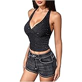 MakeMeChic Women's Sparkly Halter Tops Y2k Backless Deep V Neck Rave Crop Tops