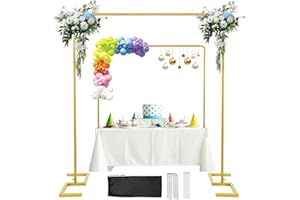 PARSEBIO 8.2FT x 8FT Backdrop Stand Heavy Duty with Base, Gold Portable Adjustable Pipe and Drape Backdrop Stand Kit, Over The Table Rod Stand with Clamps, Square Metal Arch Party Frame for Birthday Decor
