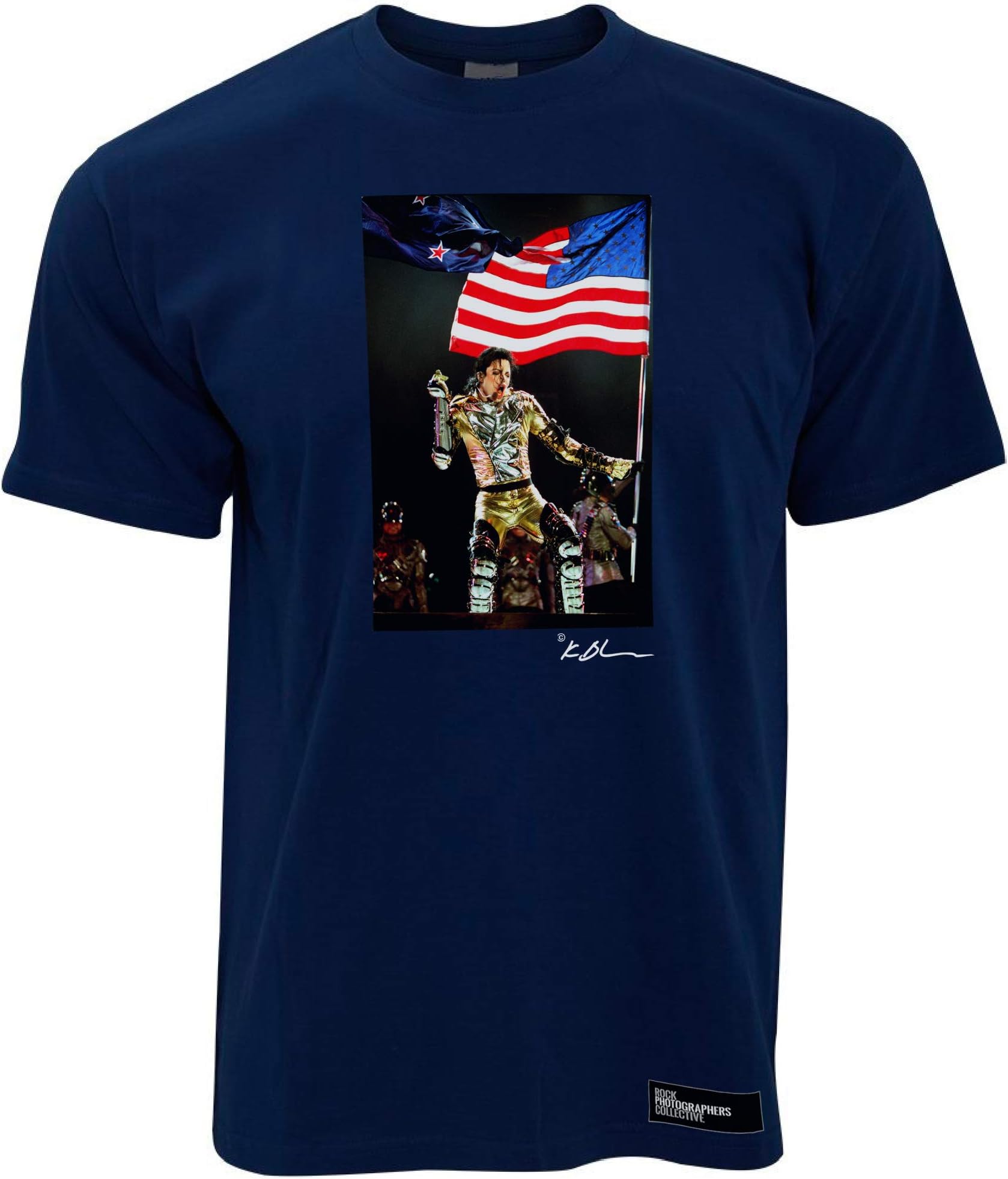 Michael Jackson Live Gold Suit and American Flag Men's T-Shirt - Navy Blue/Large