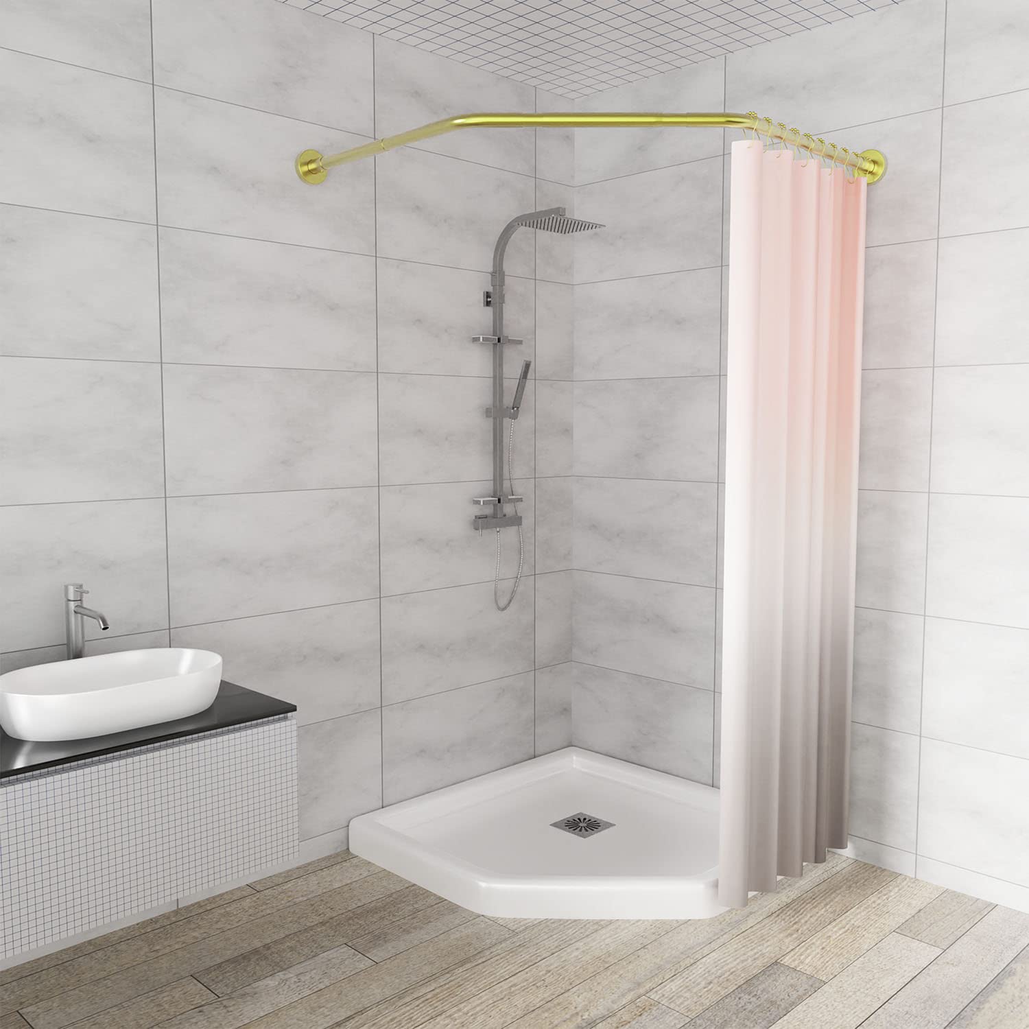 Diamond Shaped Shower Curtain Rail Rack (Both Sides: 43-65cm, Middle:51-66cm) Stretchable True 304 Stainless Bathroom Bathtub Corner Rack Gold — image 1