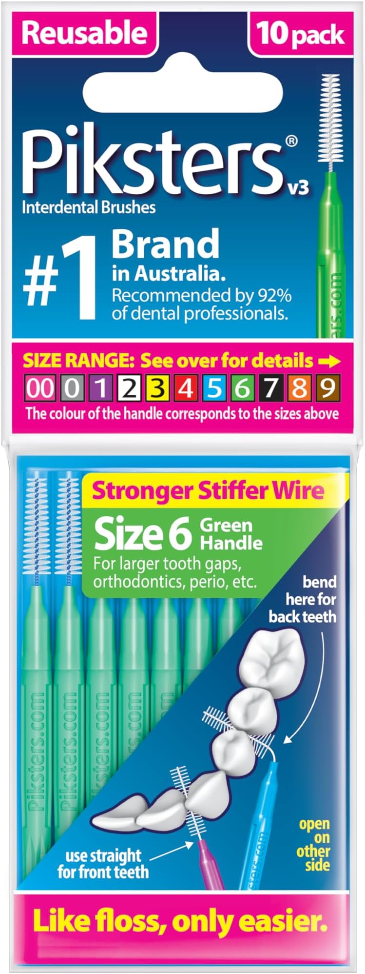 Piksters Interdental Brushes Size 6 10 Pack Green Connector Cap Extension