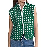 ATOFY Women's Checkered Sherpa Vest Sleeveless Winter Fleece Jacket Zip Up High Neck Warm Plaid Gilet with Pockets