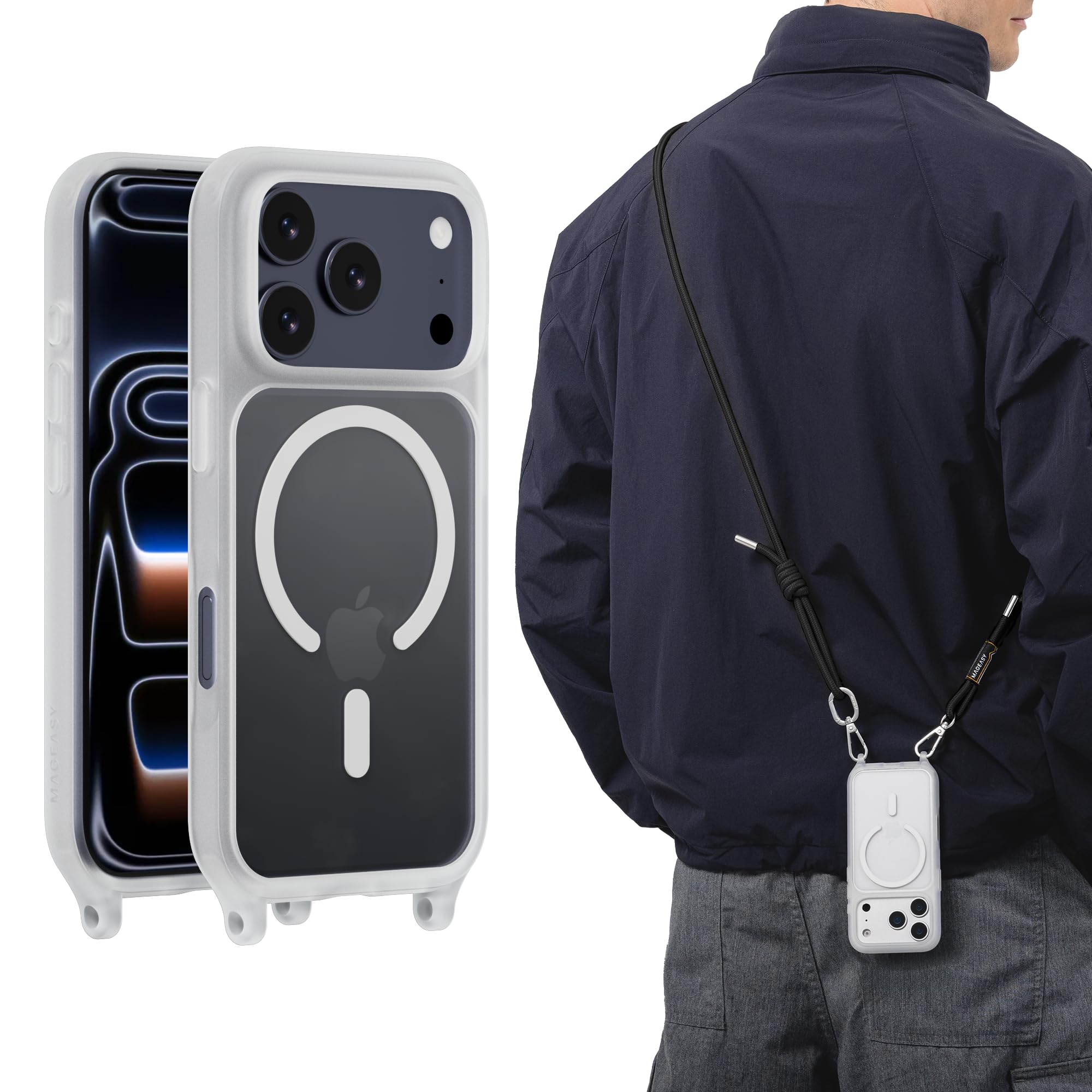 Photo 1 of MAGEASY Compatible with iPhone 17 Pro 6.3" Case with Crossbody Strap - 16ft Drop Protection, Compatible with MagSafe | Roam M (Transparent)