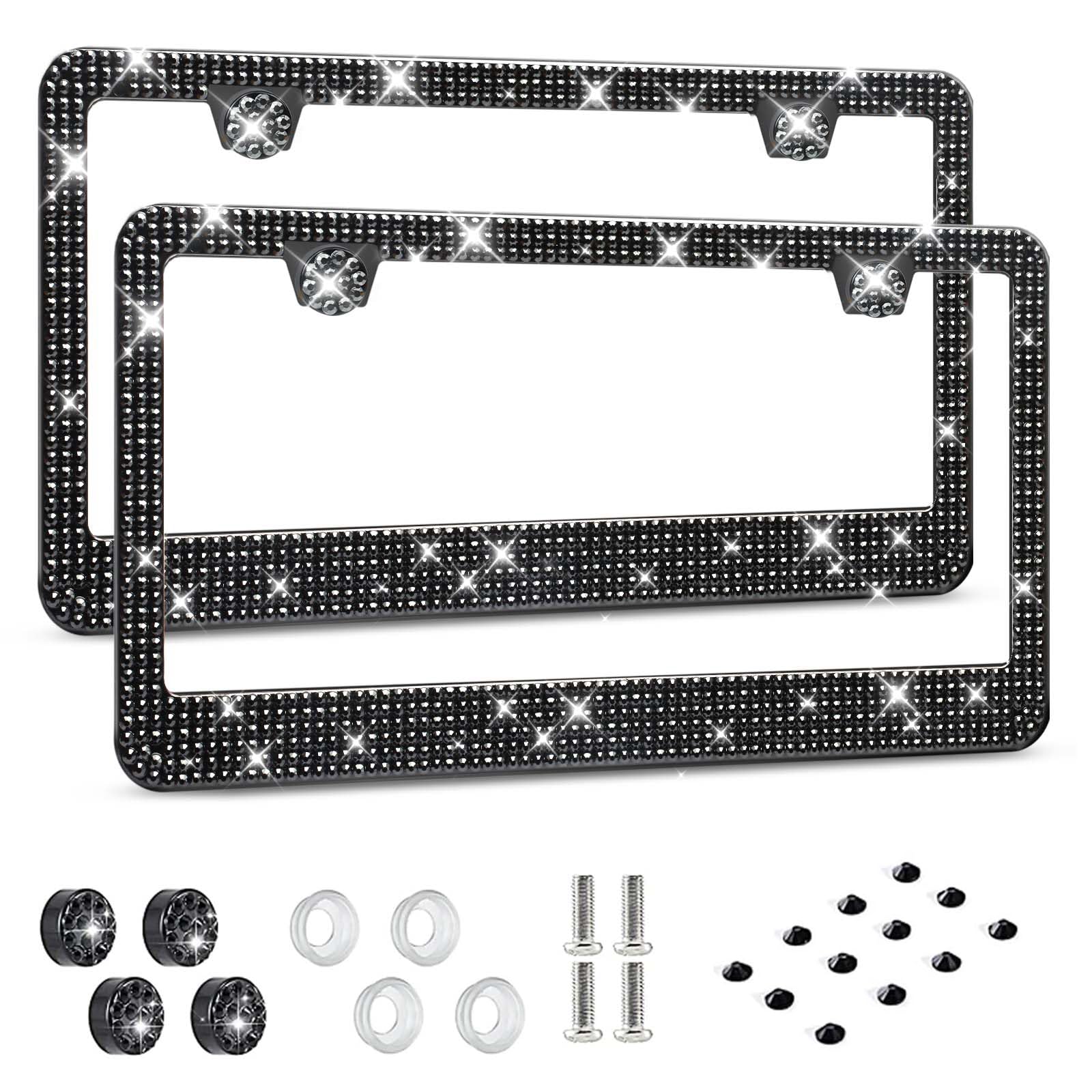 Photo 1 of HOTOR License Plate Frame - Lastingly Bling and Sparkly License Plate Frame for Women, Stainless Steel & Obstruction-Free Frame with Multifaceted Rhinestones,Black, 2 Pack
