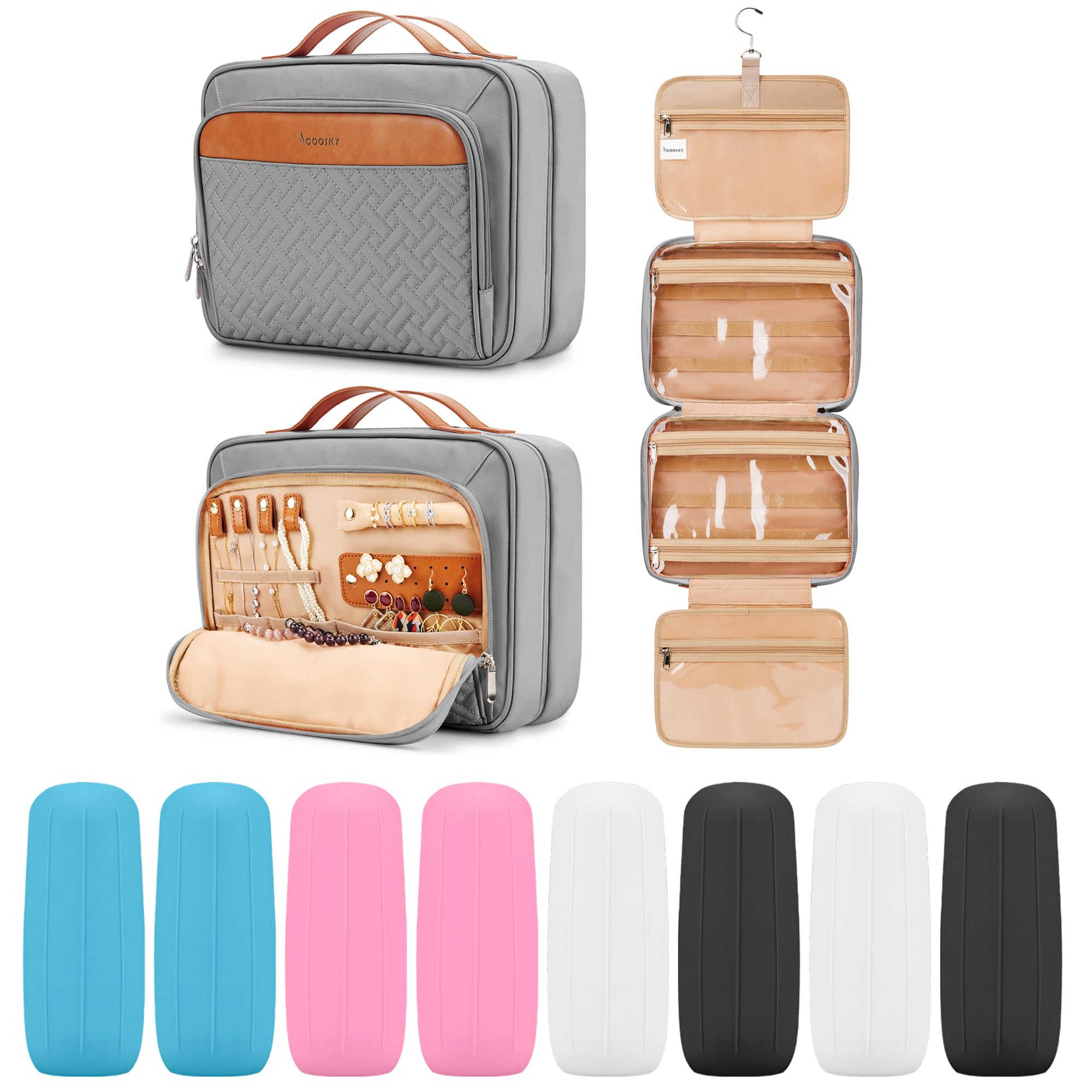 Travel Hanging Toiletry Bag for Women, Large Makeup Bag 8 Leak Proofing Silicone Bottle Covers, Waterproof Cosmetic Bag with Jewelry Organizer Compartment, Toiletries Kit Set, Grey Image