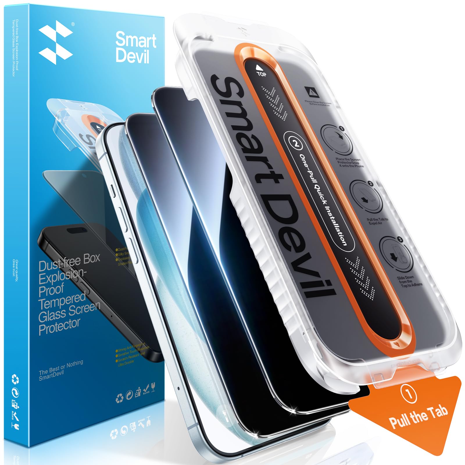 SMARTDEVIL 2 Pack Privacy Screen Protector for iPhone 15 Plus/iPhone 16 Plus, Anti-Spy Tempered Glass Film, 9H Hardness Military Grade Shatterproof, Easy to Install, Auto Bubble-Free and Dust-Free Box