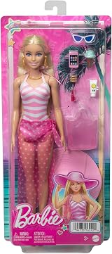 Barbie Blonde Doll with Beach Accessories Pink White Swimsuit Sun Hat Tote view 6