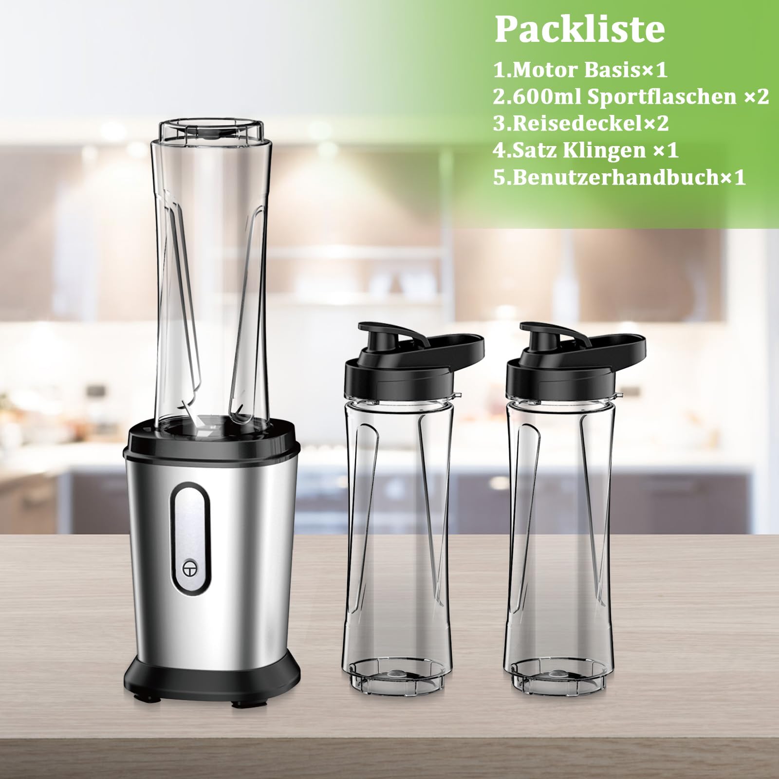 Mixer, 500W Mini Standmixer & Smoothie Maker mit 2x600ml Flaschen BPA frei Tritan, Tragbarer Mixer Smoothie Maker aus Edelstahl 4-Blatt für Shake, Smoothie, Silber 9