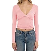 TiulZial Long Sleeve Shirts for Women - V Neck Sexy Crop Top Tight Going Out Trendy Basic Fall Clothing