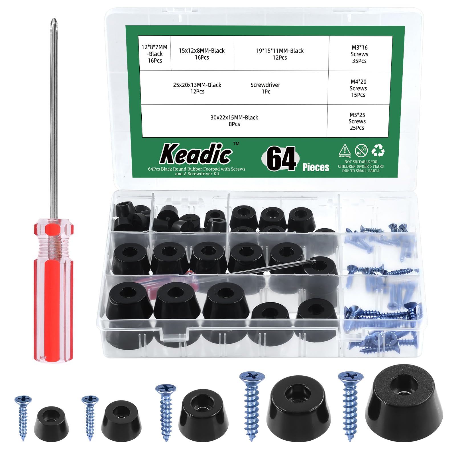 Keadic 139Pcs 4 Sizes Non-slip Rubber Feet for Cutting Board, 15 * 12 * 8MM, 19 * 15 * 11MM, 25 * 20 * 13MM, 30 * 22 * 15MM Black Furniture Pad Floor Protector for Wooden Chair Tables Sofa