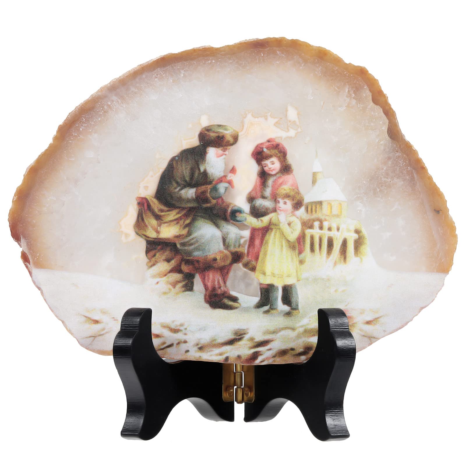 mookaitedecor Santa Claus's Gift Art Print Natural Agate Slice Stone Ornament with Wooden Stand for Good Luck Home Office Decor, Healing Crystal Housewarming Gift Bedroom Art Deco Decoration