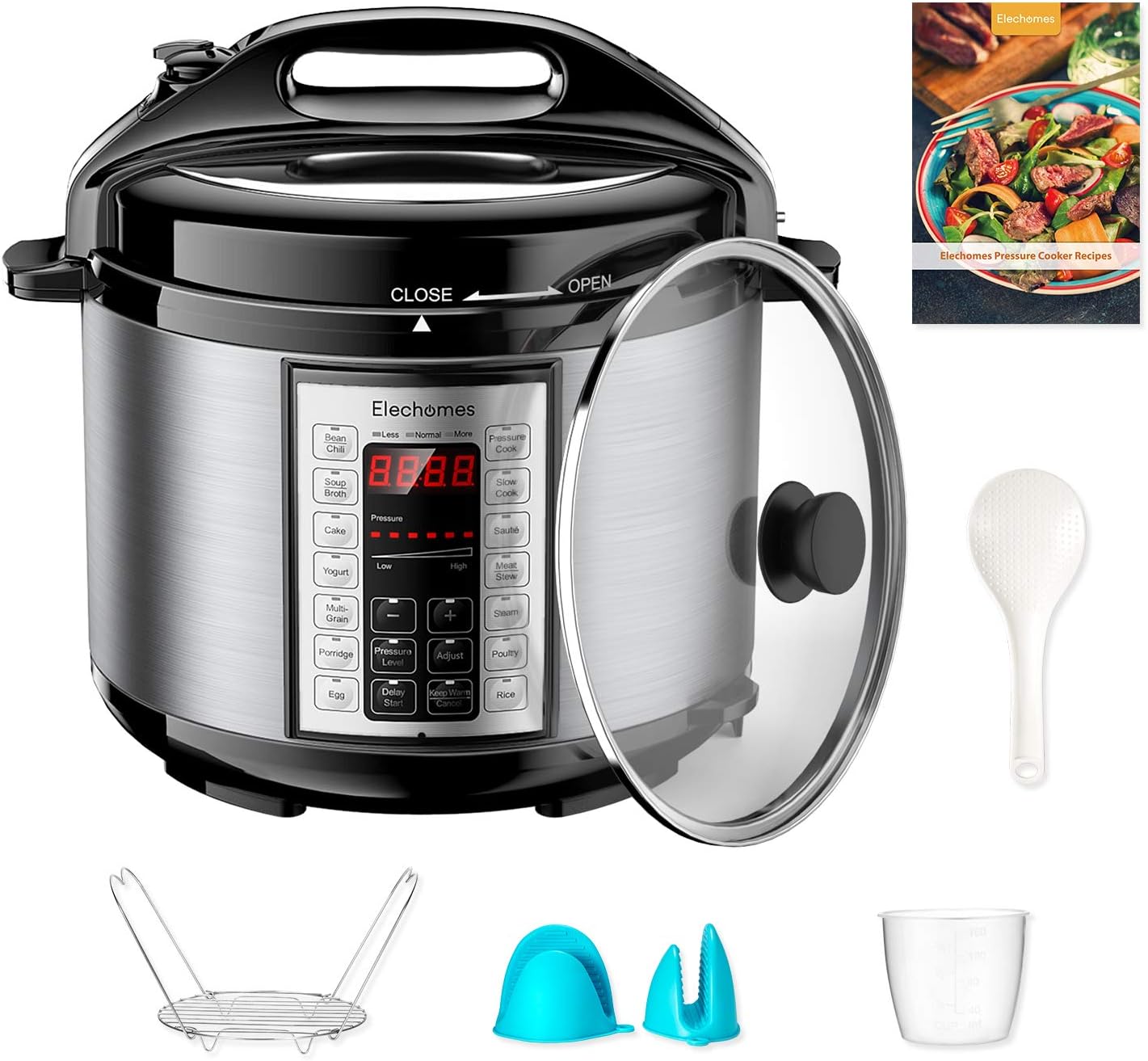 Elechomes 6Qt 9-in-1 Instant Cooking Electric Pressure Cooker, 14 One-Touch Programmable Multi-Cooker with Rich 5 PCS Accessories Set, Yogurt Maker, Slow Cooker, Rice Cooker, Sauté, Steamer, Warmer, Stainless Steel Inner