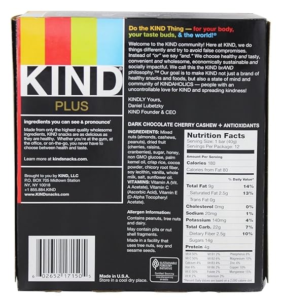 KIND PLUS DARK CHOCOLATE CHERRY CASHEW, 16.8 OZ (PACK OF 12)