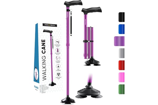 HONEYBULL Walking Cane for Men & Women - Foldable, Adjustable, Collapsible, Free Standing Cane, Pivot Tip, Heavy Duty | Walki